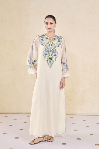 Ebonique Hand-embroidered SEWA Mul Kaftan - Ivory